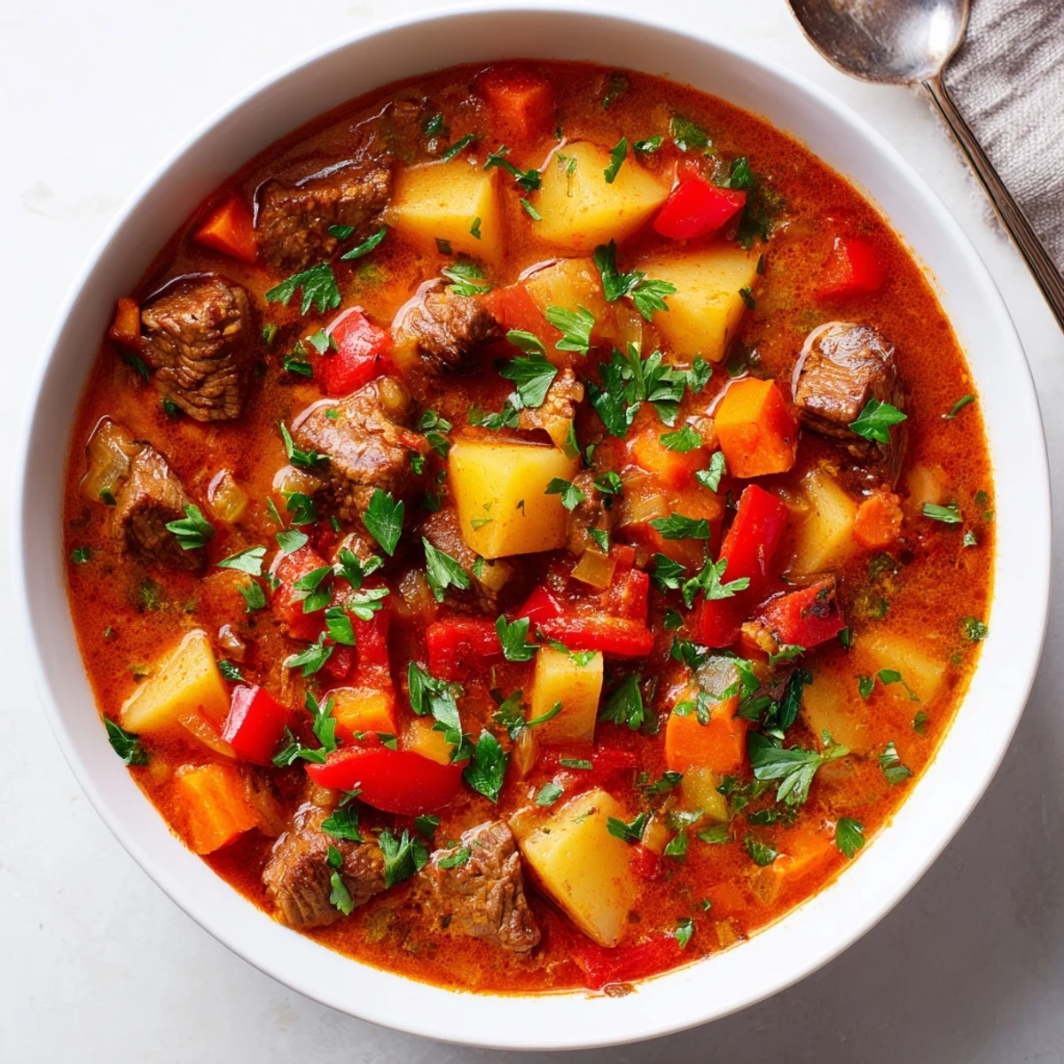 Steamy slow cooker Hungarian goulash with tender beef chunks, carrots, and potatoes in rich paprika sauce