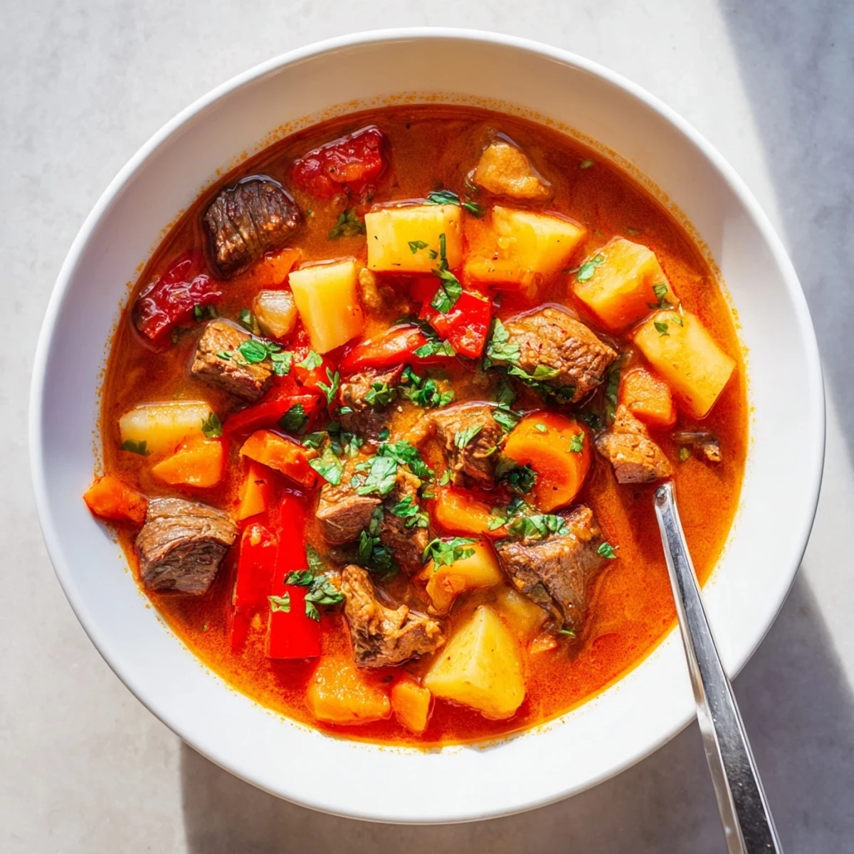 Hearty Hungarian goulash featuring fork-tender beef, colorful vegetables, and fragrant paprika broth served in a white bowl