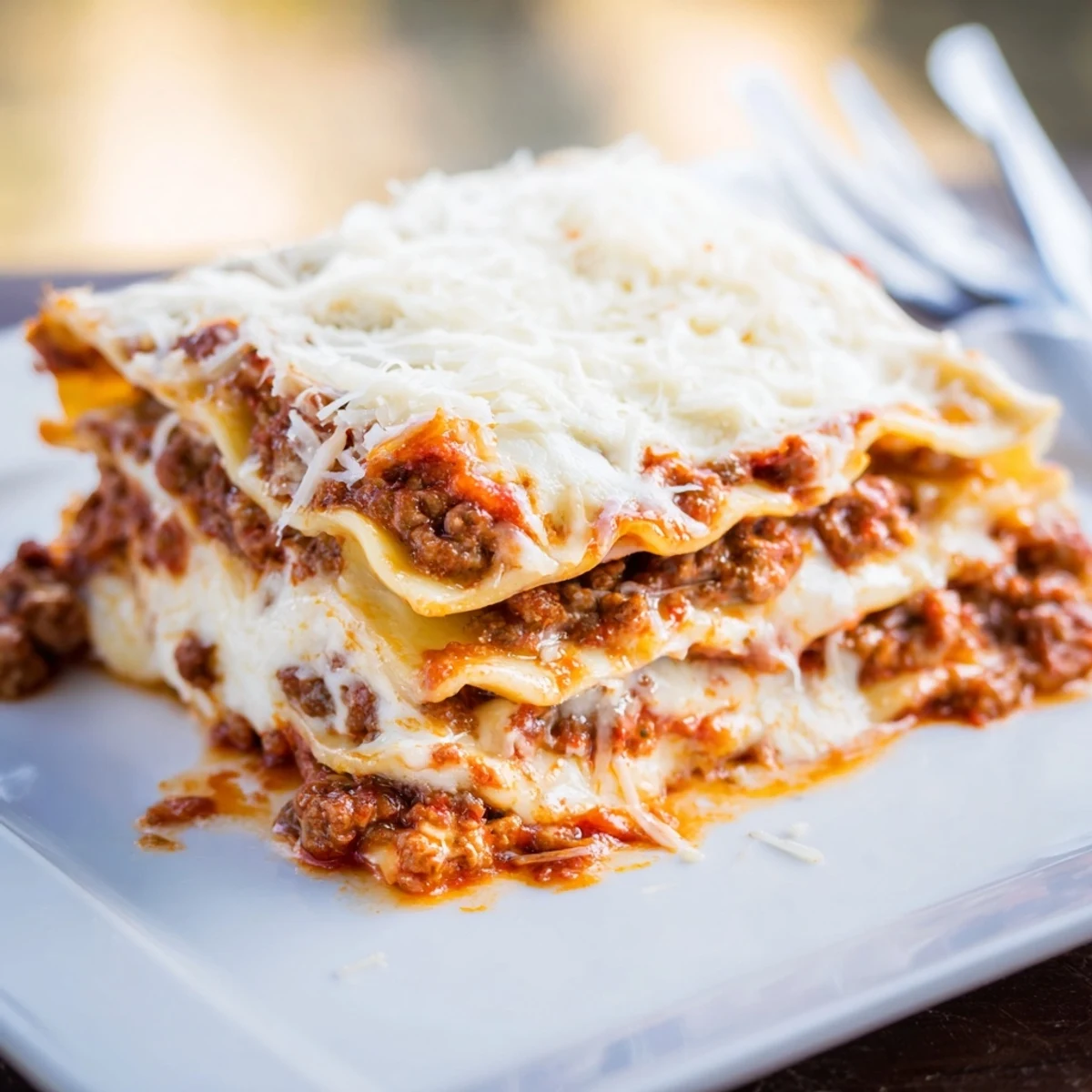 Golden bubbly Classic Lasagna with layers of meat sauce, creamy béchamel, and melted mozzarella cheese