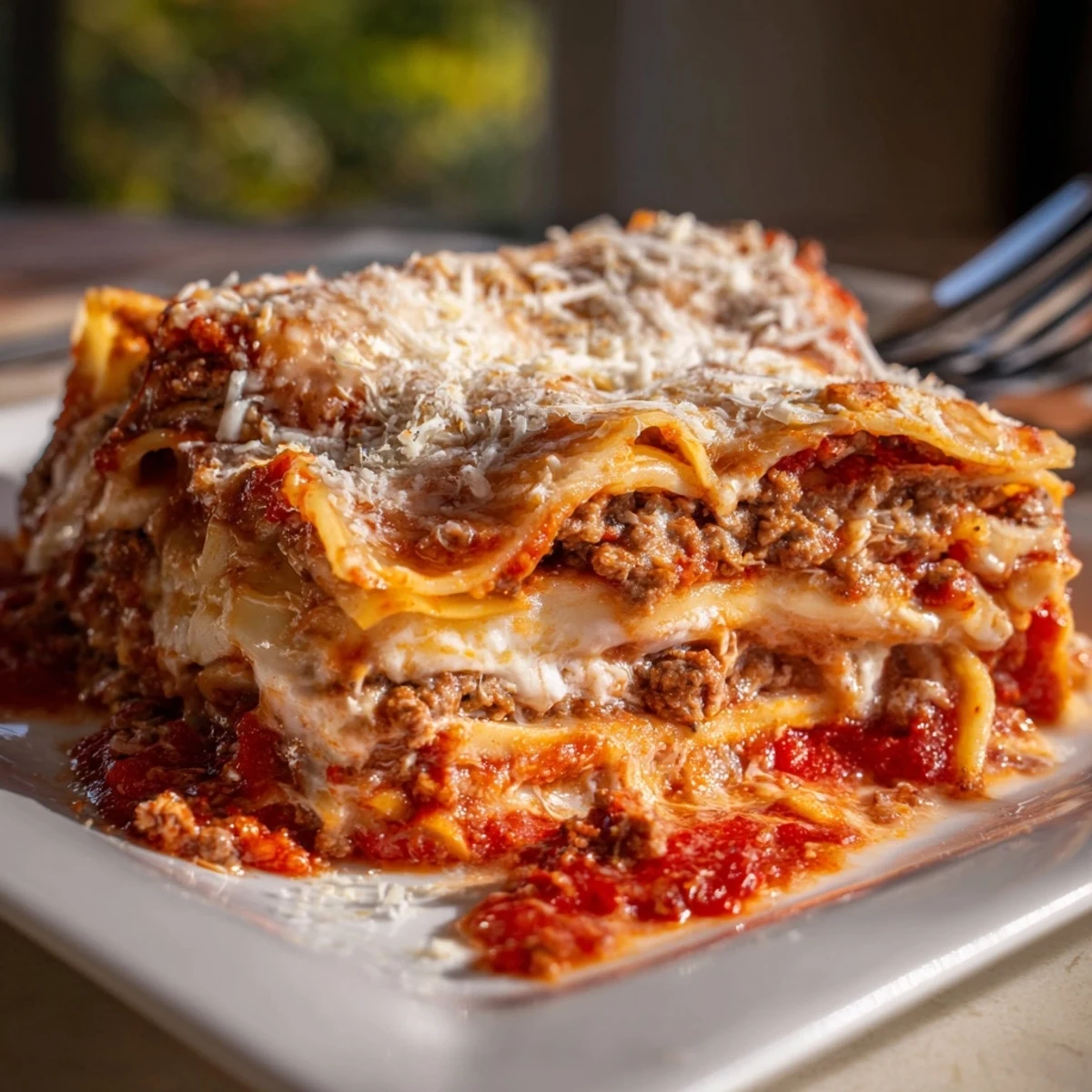 Square slice of Classic Lasagna showing distinct pasta layers with rich tomato ragu and white sauce