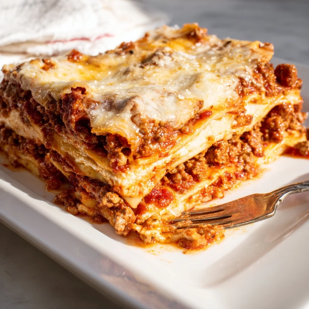 Baked Classic Lasagna in a glass dish topped with golden brown cheese and fresh basil garnish