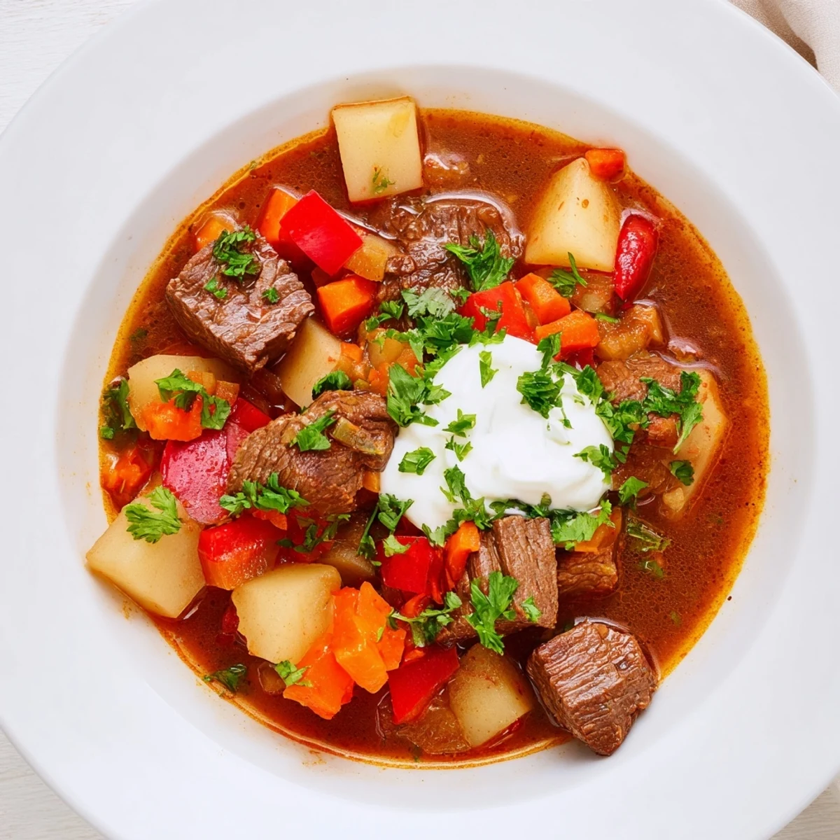 Slow cooker Hungarian goulash with tender beef chunks, vegetables, and rich paprika sauce in a rustic bowl