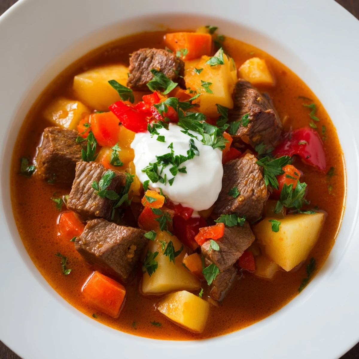 Hearty Hungarian goulash featuring slow-cooked beef, colorful peppers, and potatoes garnished with fresh parsley