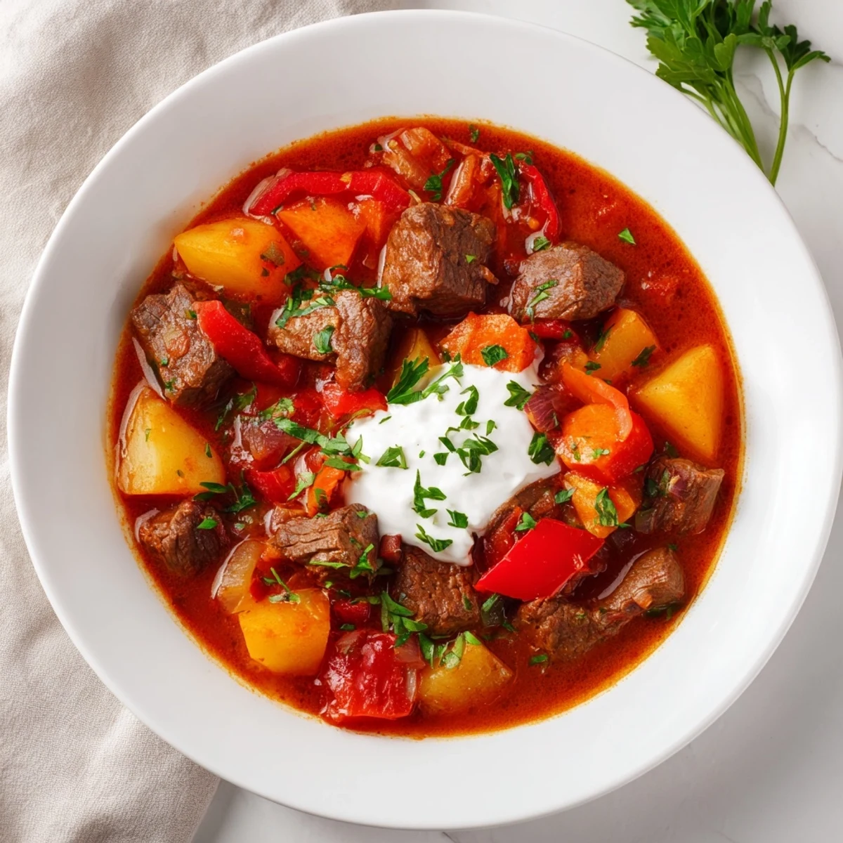 Steaming bowl of Hungarian goulash showcasing fork-tender beef, carrots, and bell peppers in savory red broth
