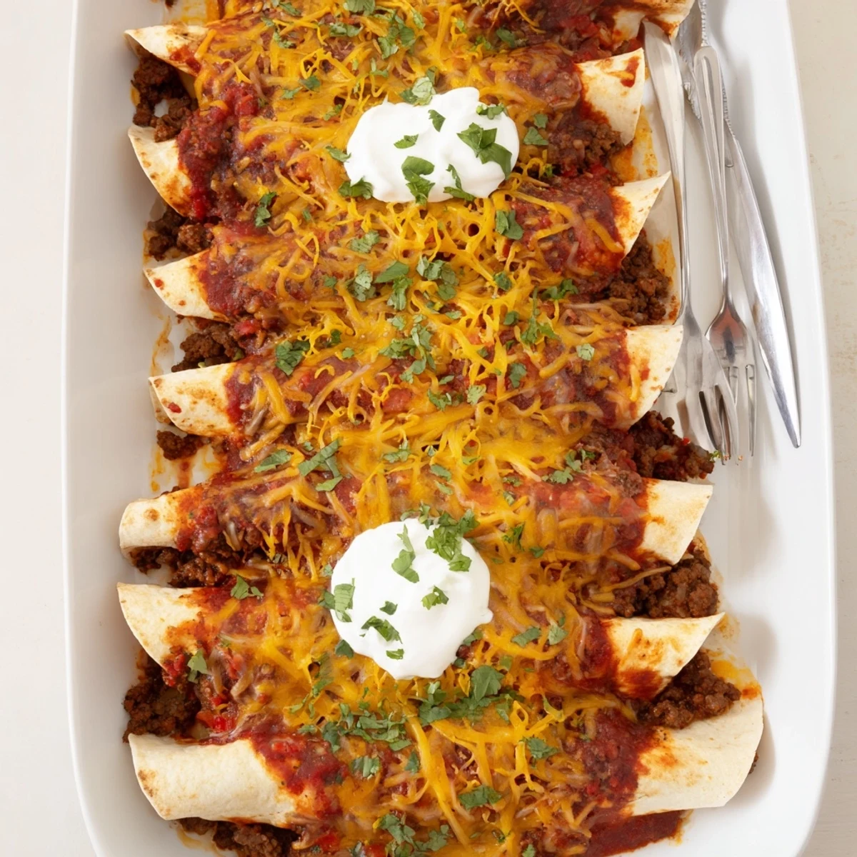 Baked savory beef enchiladas with melted cheddar and Monterey Jack cheese bubbling on top