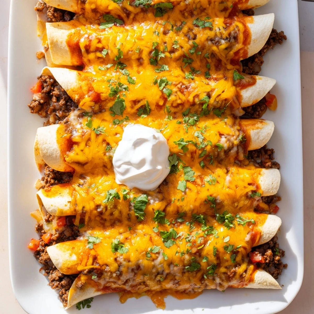Family-style beef enchiladas fresh from the oven garnished with fresh cilantro and served with sour cream