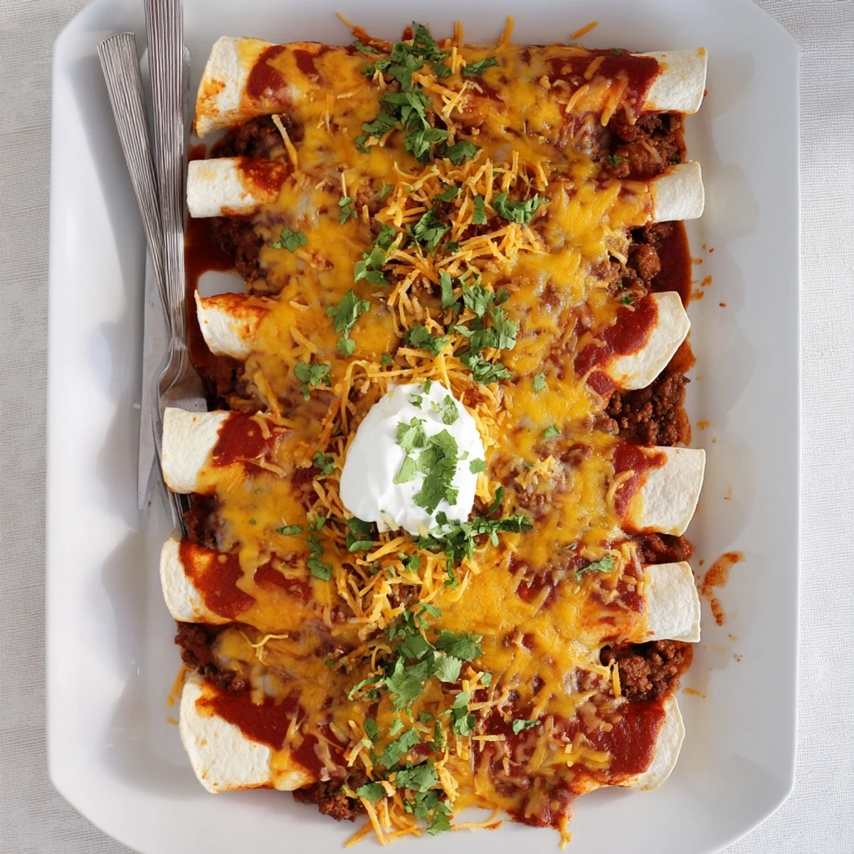 Golden tortillas rolled around spiced ground beef filling smothered in rich red enchilada sauce