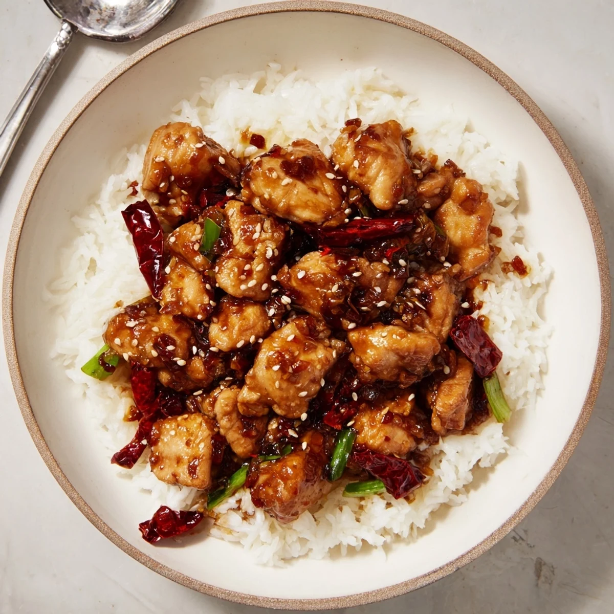 Golden brown Mongolian chicken pieces coated in glossy brown garlic soy sauce
