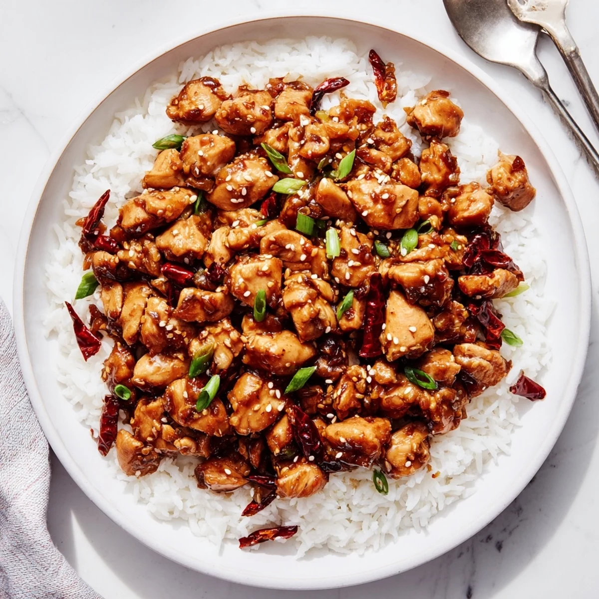 Tender Mongolian chicken stir-fried with fresh green scallions over white fluffy rice