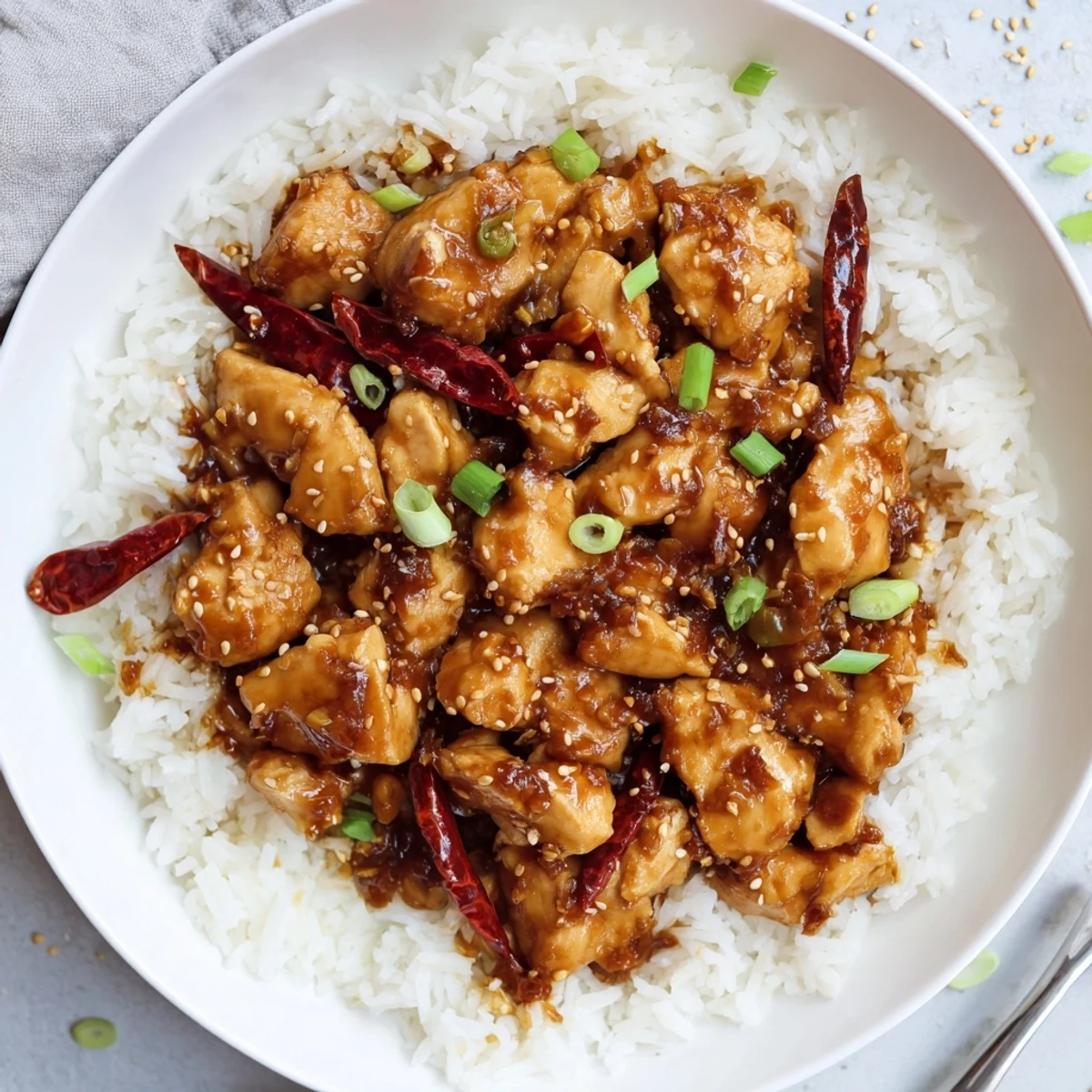 Savory sweet Mongolian chicken served steaming hot with toasted sesame seed garnish