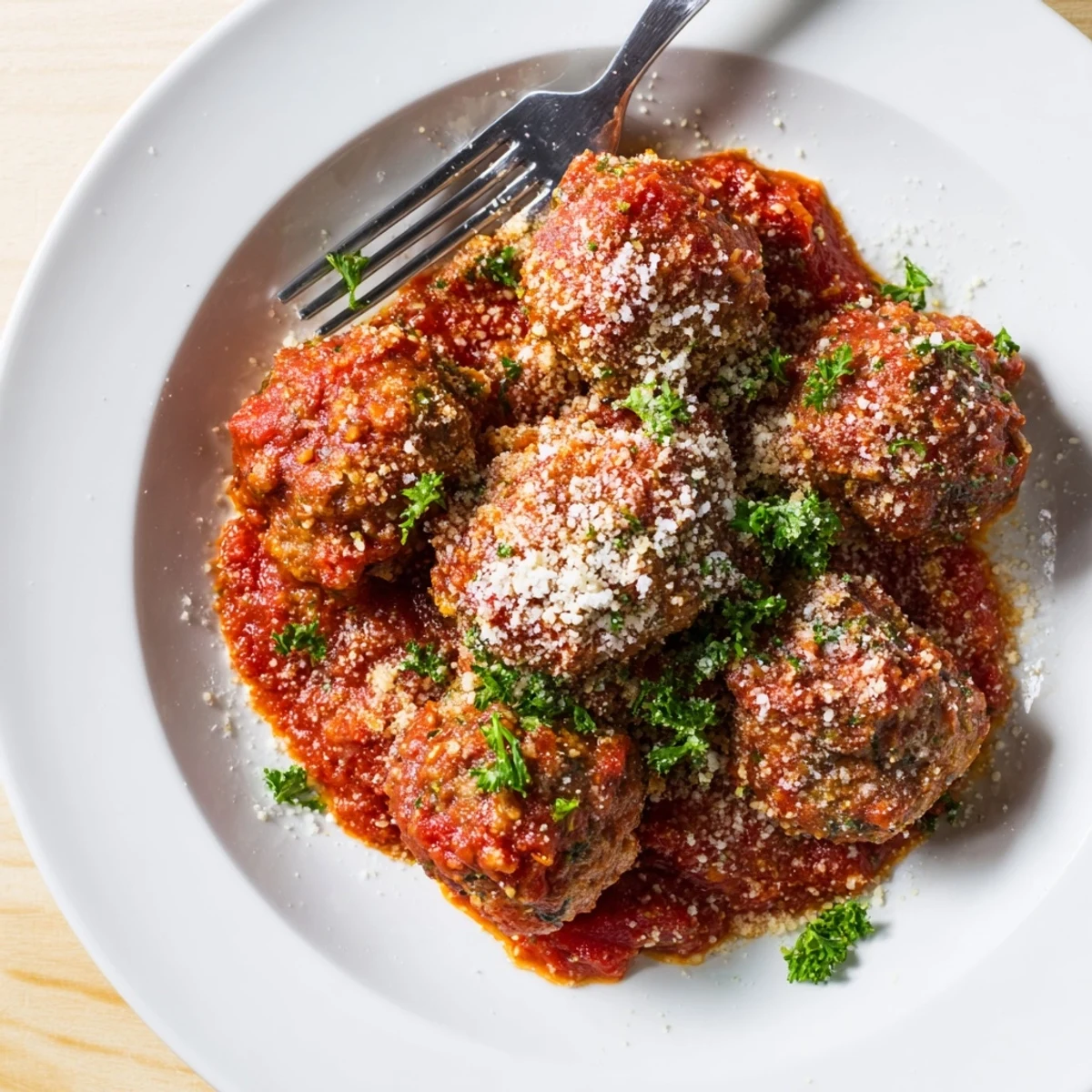 Golden brown authentic Italian meatballs simmering in rich red tomato sauce with fresh parsley garnish