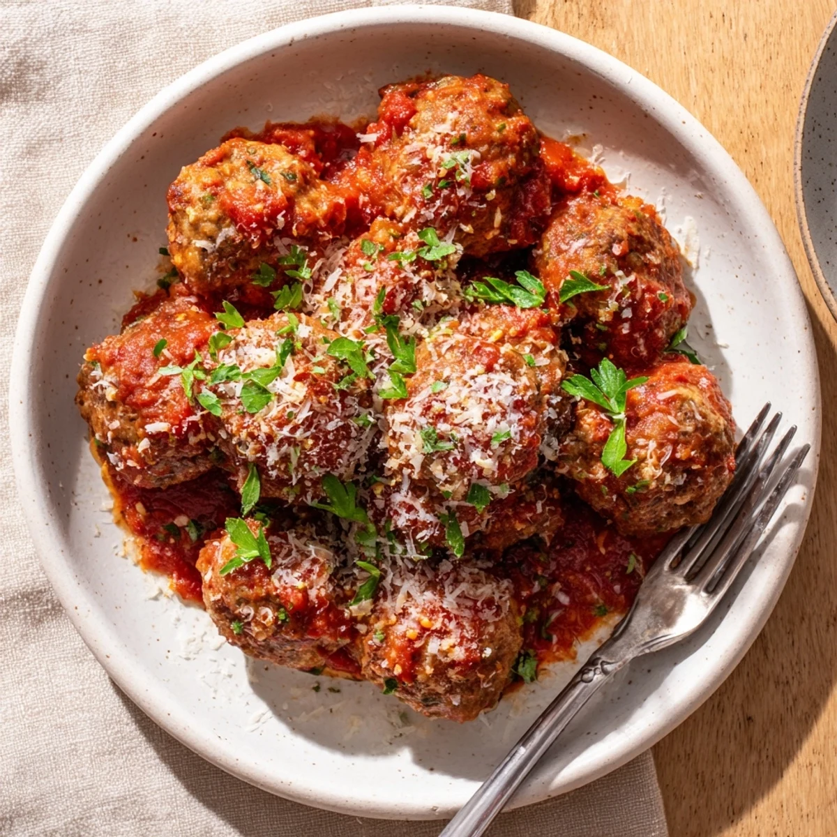 Homemade authentic Italian meatballs bubbling in thick tomato sauce alongside crusty Italian bread for dipping