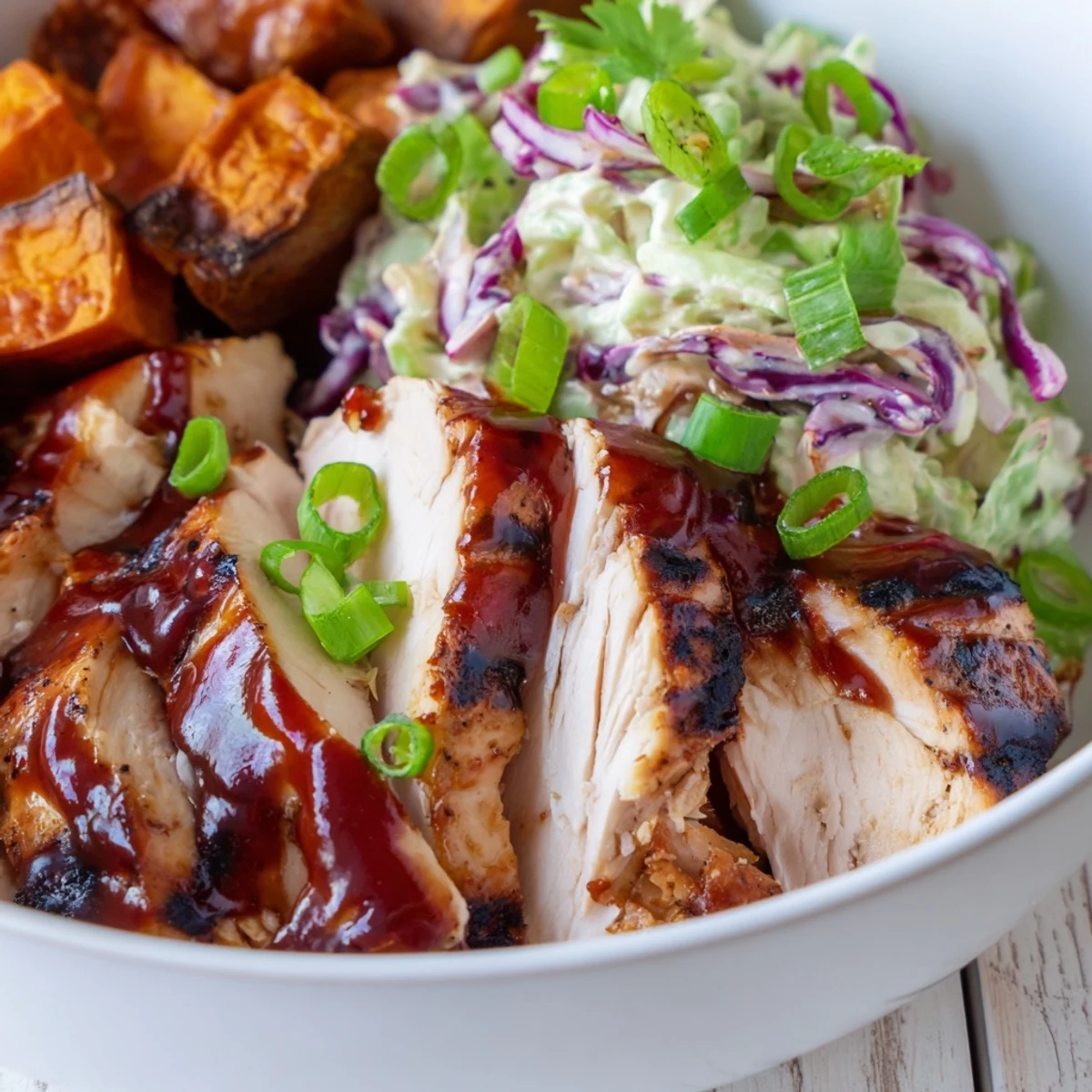 Sliced BBQ chicken rests over caramelized sweet potato cubes and crisp creamy coleslaw in bowls