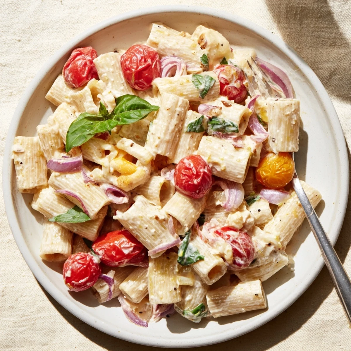 Creamy feta pasta tossed with burst roasted cherry tomatoes and fresh basil garnish