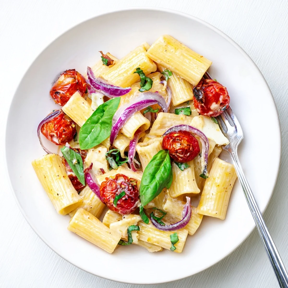 Mediterranean-inspired creamy feta pasta dish with al dente noodles and roasted tomato sauce