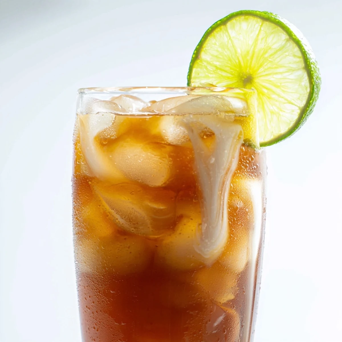 Golden Thai lime iced tea with fresh lime wedge garnish in a tall glass filled with ice cubes