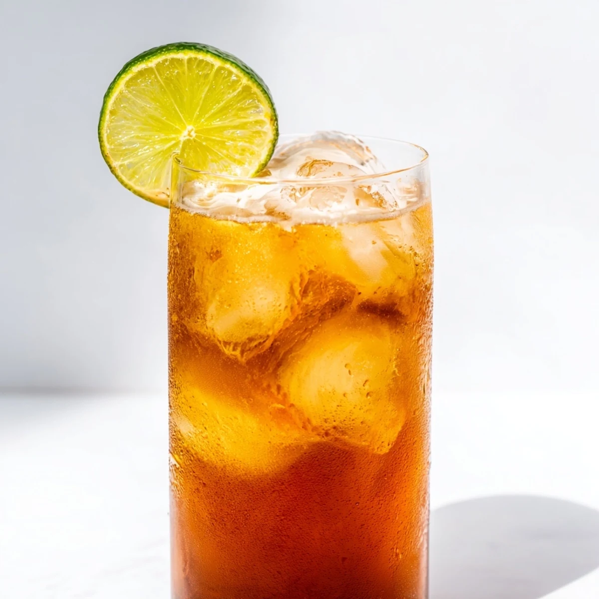 Tall glass of amber Thai lime iced tea stacked with ice and garnished with a bright fresh lime slice