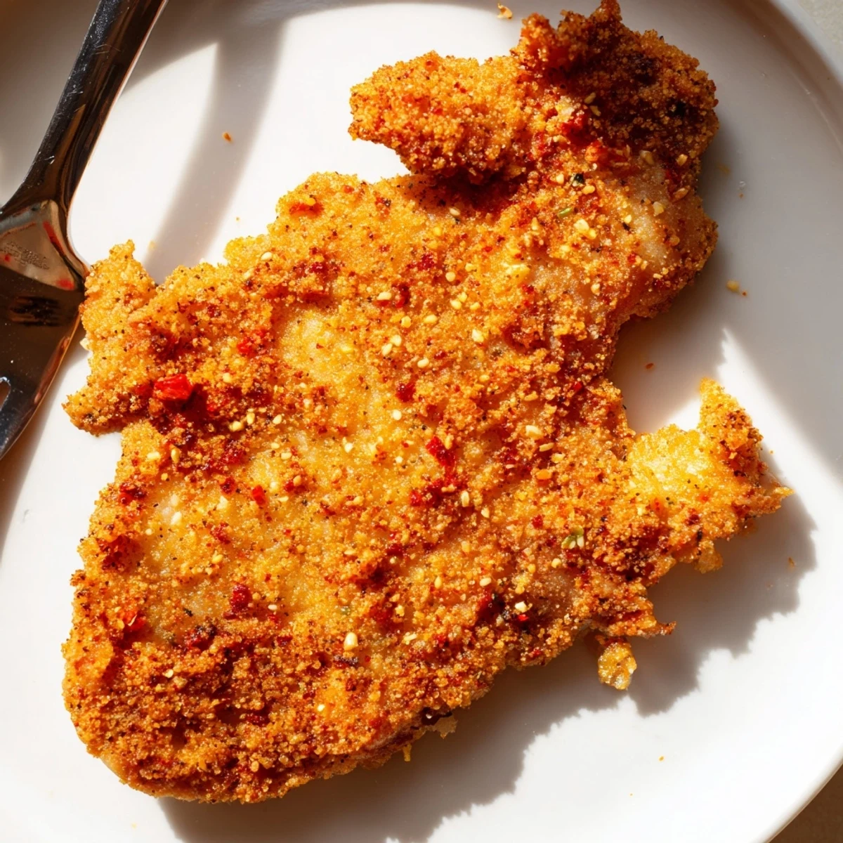 Golden brown crispy spicy jalapeño chicken breasts plated with fresh herb garnish