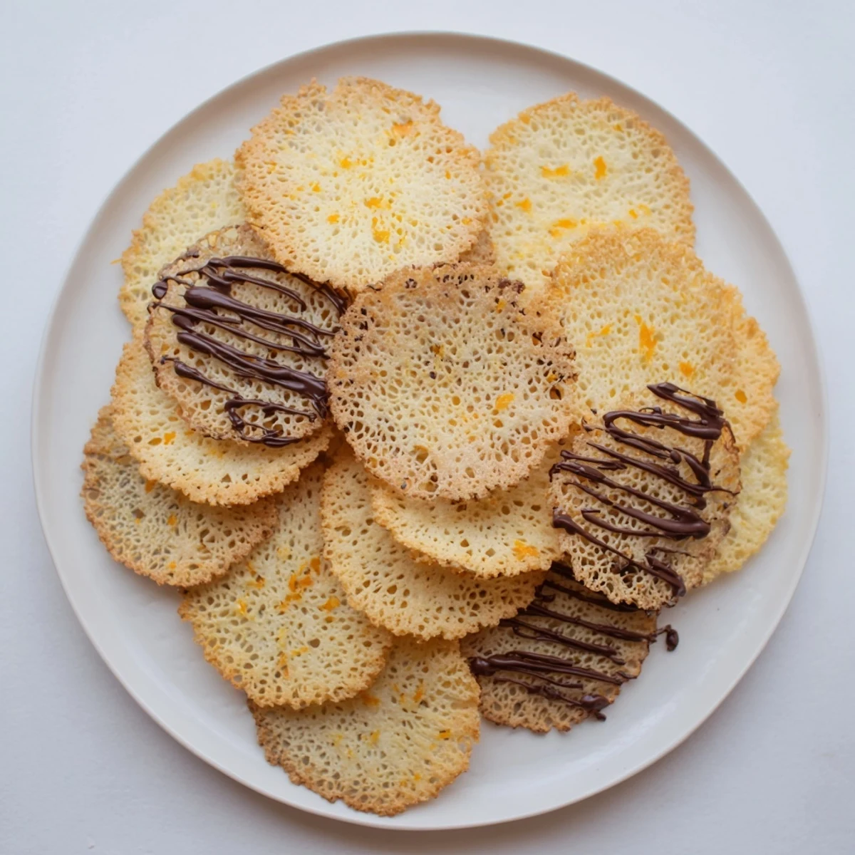 Golden brown crispy orange lace cookies spread thin on baking sheet with delicate edges