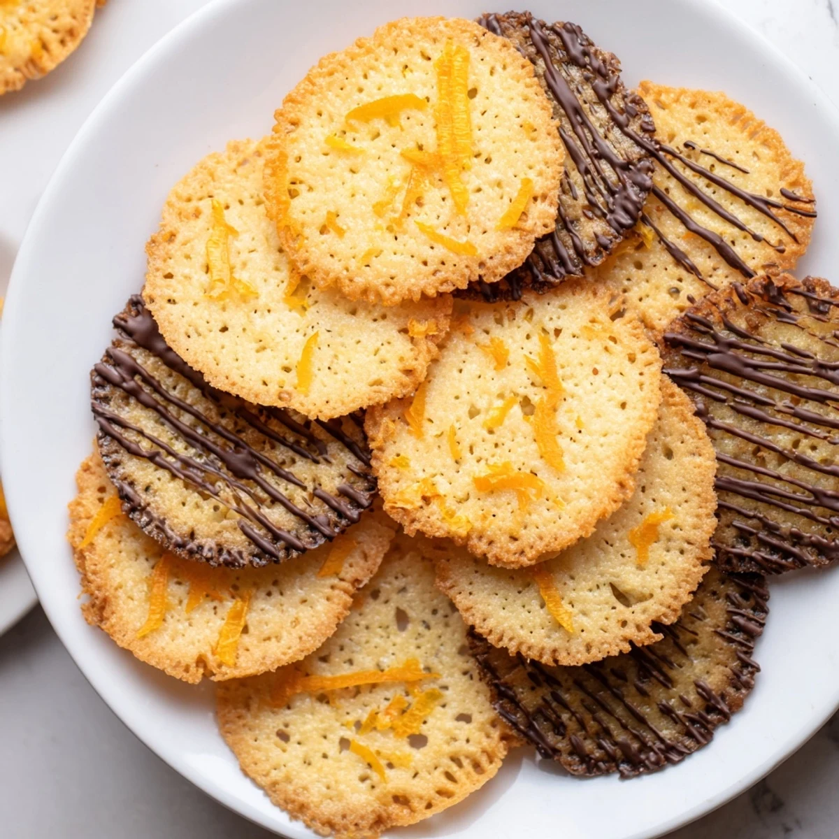 Drizzled dark chocolate atop fragile crispy orange lace cookies on white wire cooling rack