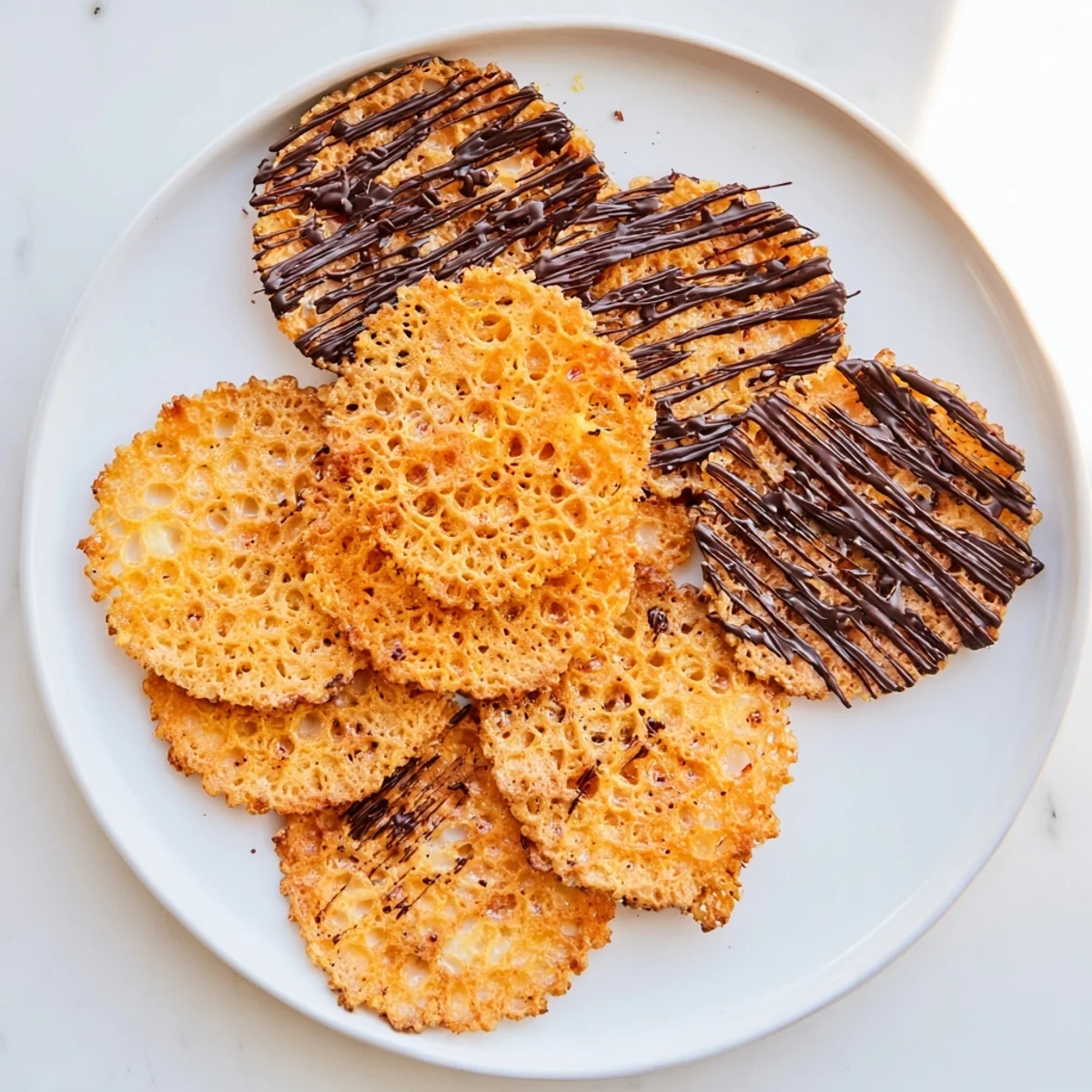 Close up of translucent crispy orange lace cookies showing citrus zest and lacy texture