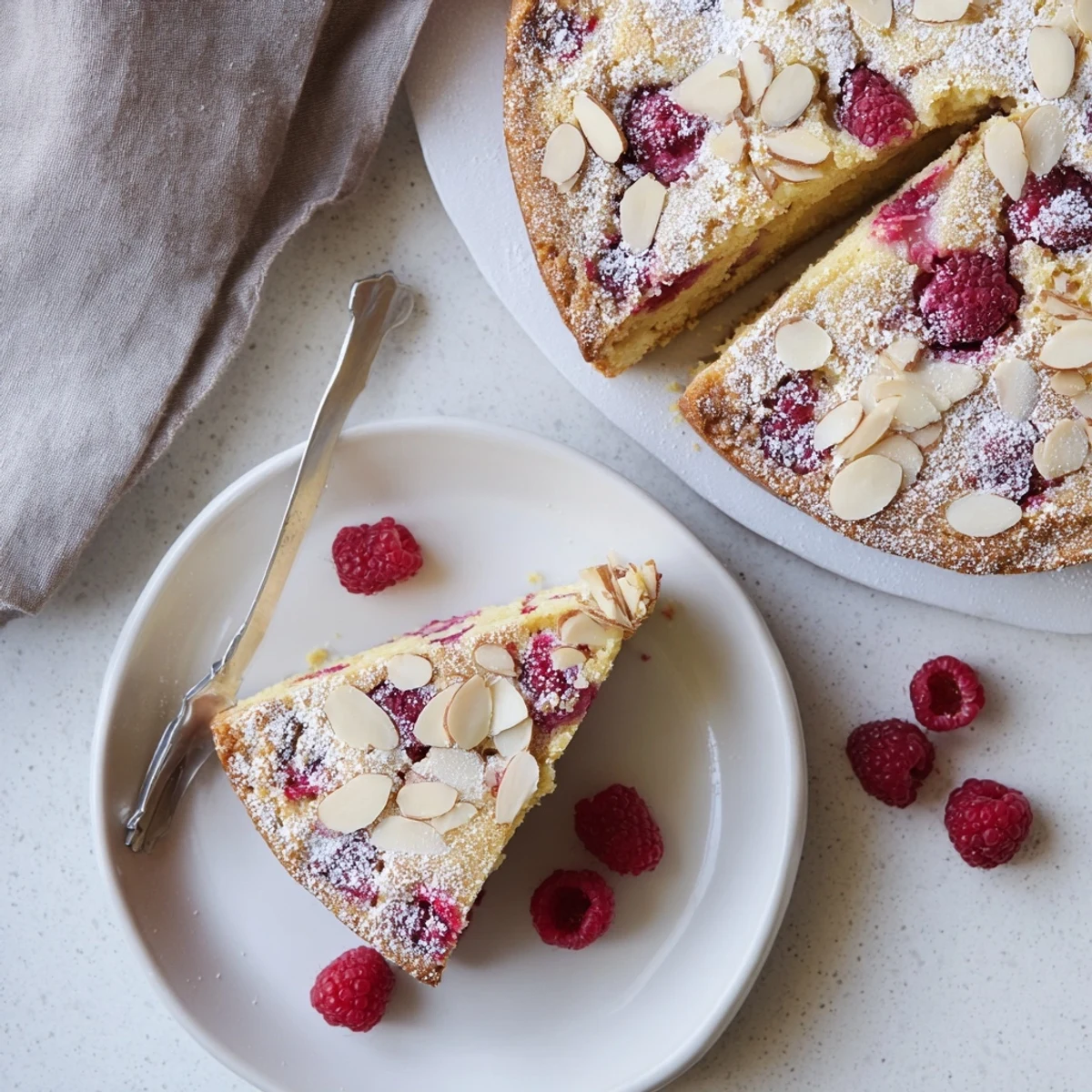 Moist almond raspberry cake slice revealing juicy red berries nestled in tender almond crumb