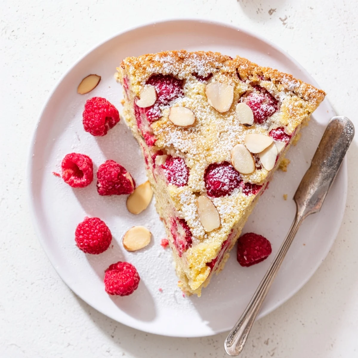 Golden almond raspberry cake with powdered sugar dusting and fresh berry garnish on a white plate