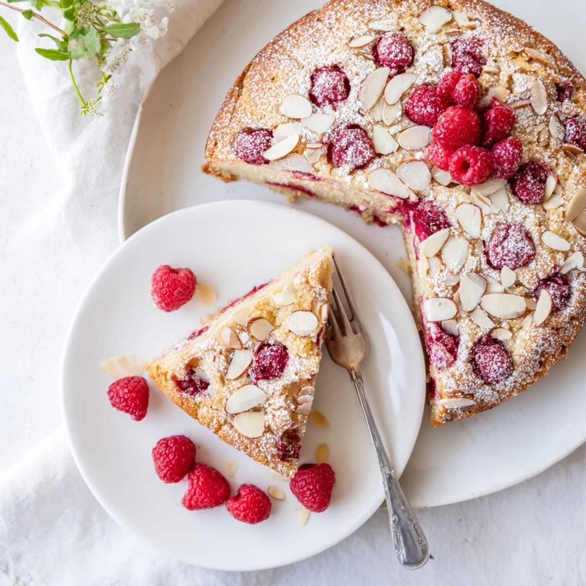 Homemade almond raspberry cake topped with sliced almonds and scattered fresh raspberries for dessert