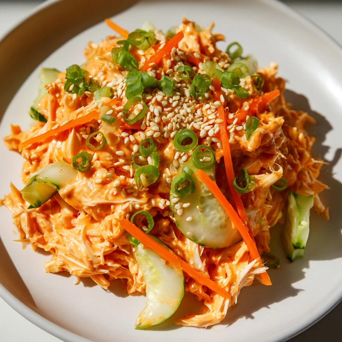 Golden spicy kani salad mounded in white bowl with sesame seed garnish and crisp vegetables