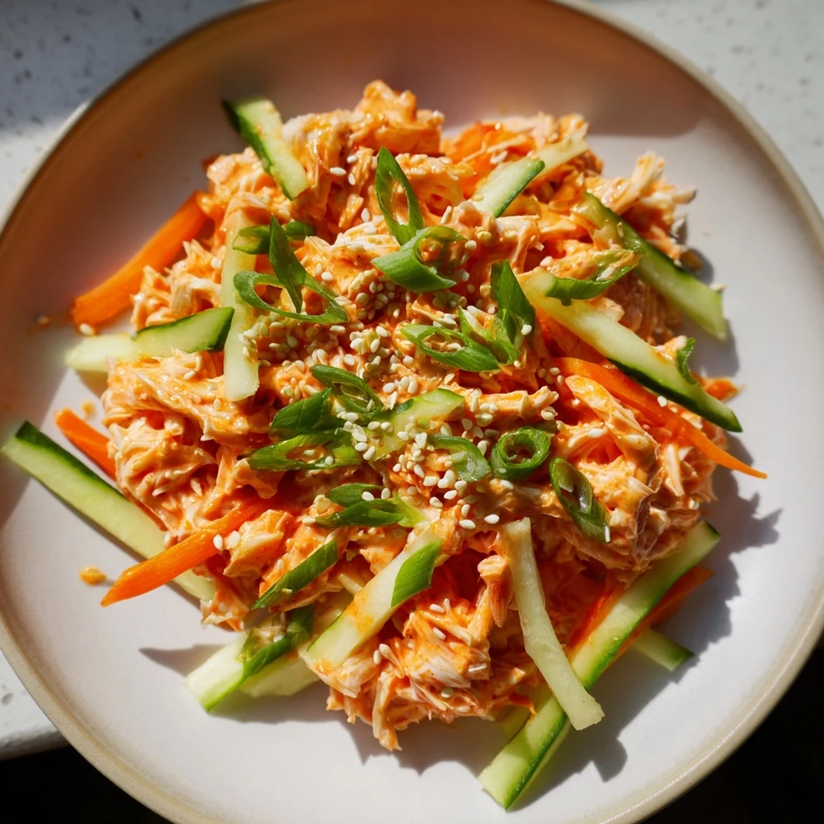 Creamy dressed spicy kani salad featuring shredded crab sticks and julienned cucumber carrot mixture