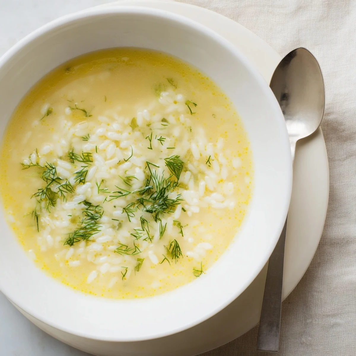 Creamy Greek egg and lemon soup with tender white rice floating in golden broth