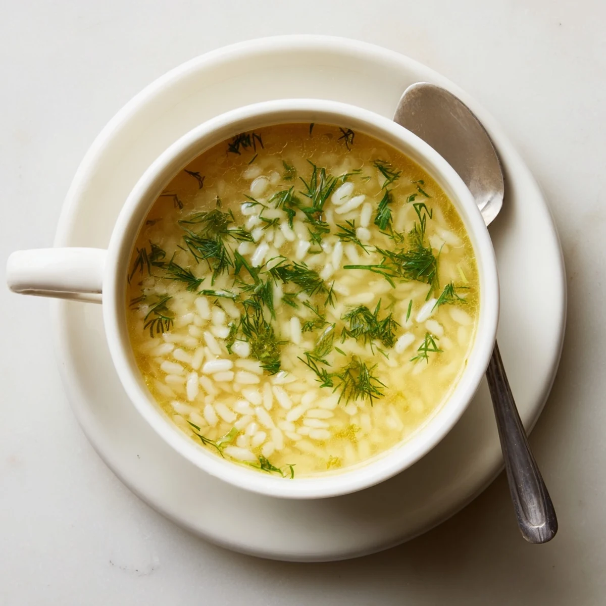 Traditional Greek egg-lemon soup featuring silky texture in a white ceramic serving bowl