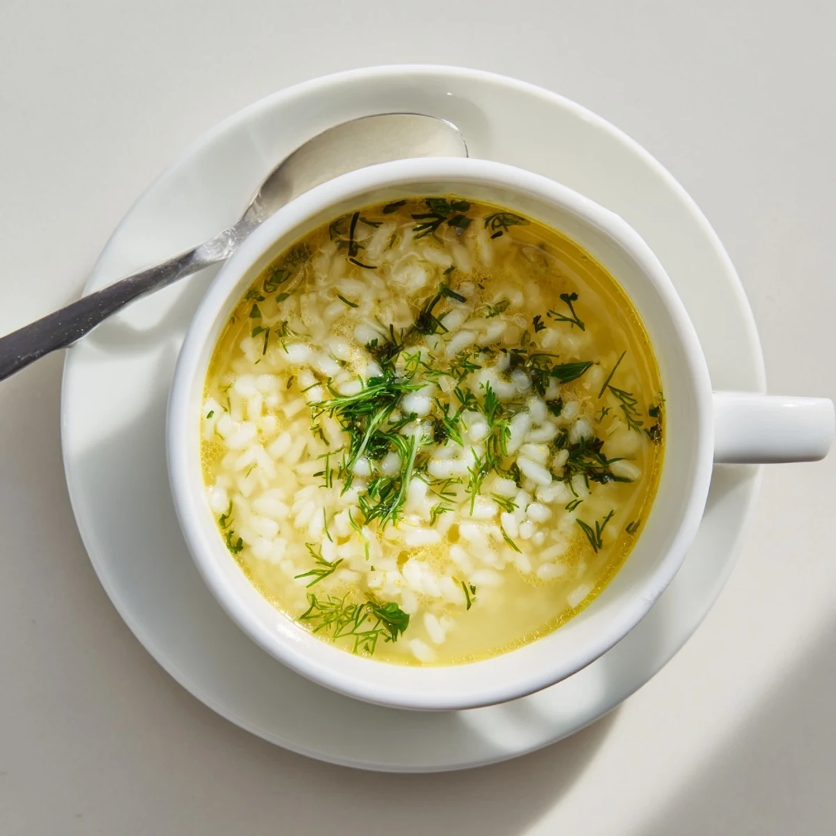 Steaming bowl of Avgolemono soup garnished with fresh dill and cracked black pepper