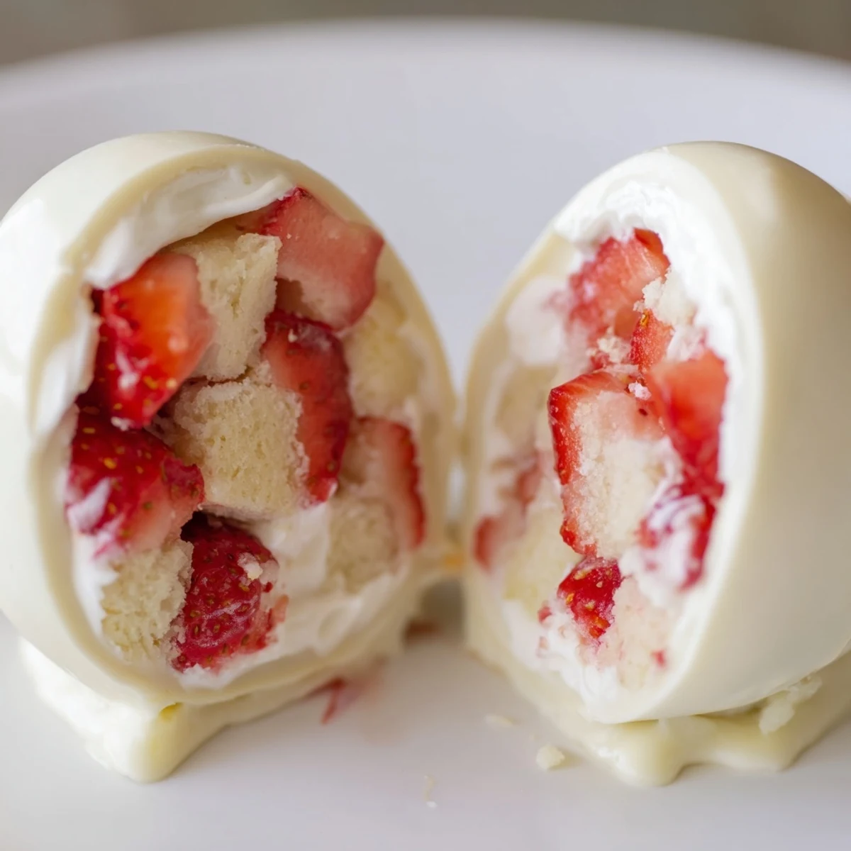 White chocolate Easter egg bombs filled with fluffy strawberry shortcake and sweet whipped cream