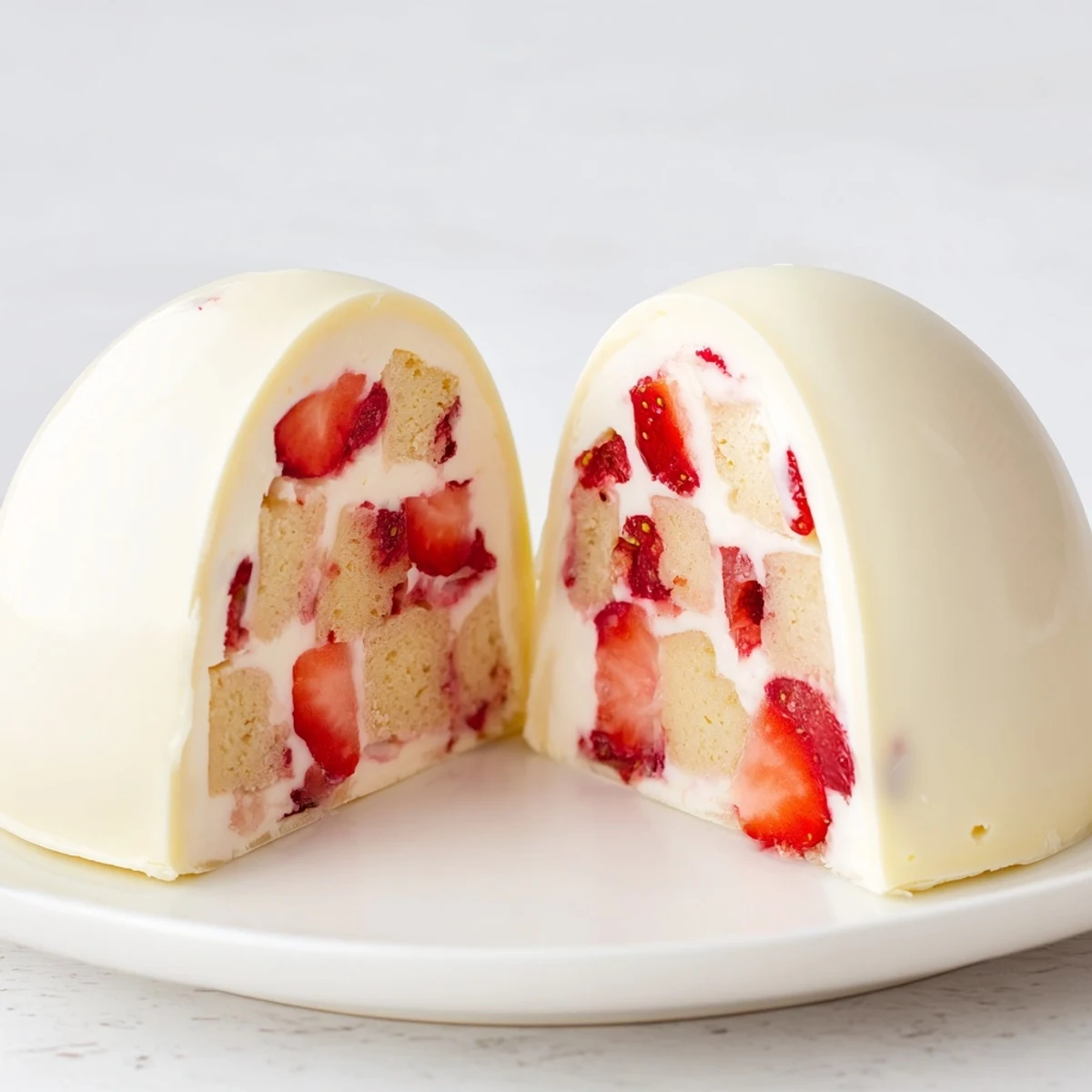 Festive white chocolate egg halves stuffed with fresh strawberries, cake cubes, and vanilla cream