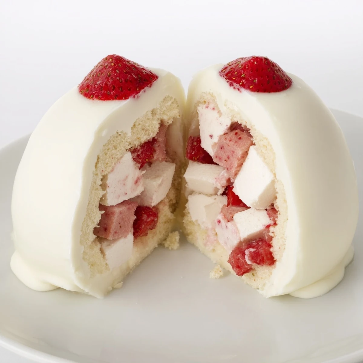 Easter dessert bombs revealing layers of pound cake, macerated strawberries, and whipped cream inside white chocolate shells