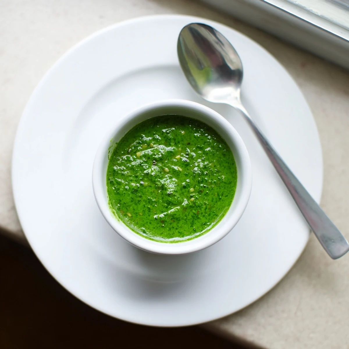 Bright green Thai cilantro sauce drizzled over grilled chicken with fresh lime garnish