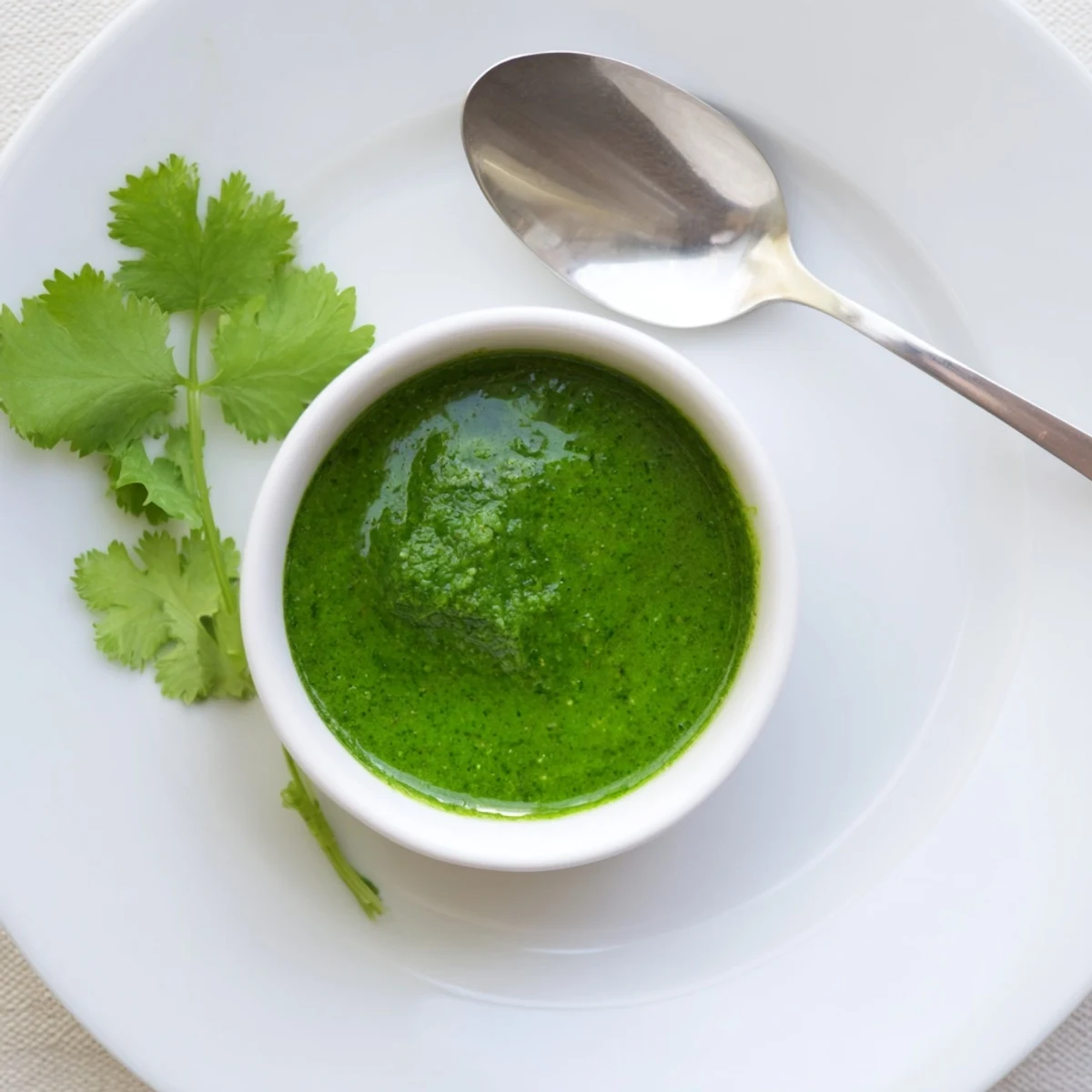 Creamy Thai cilantro sauce served in white bowl beside spring rolls and vegetables