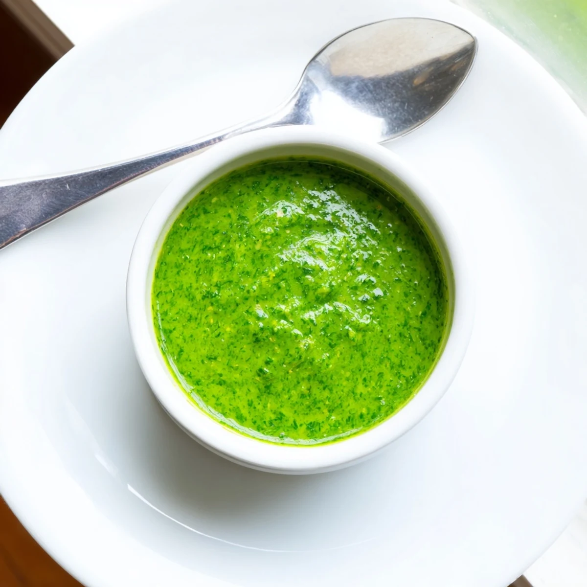 Vibrant Thai cilantro sauce glossy texture spooned over roasted vegetables and rice bowl