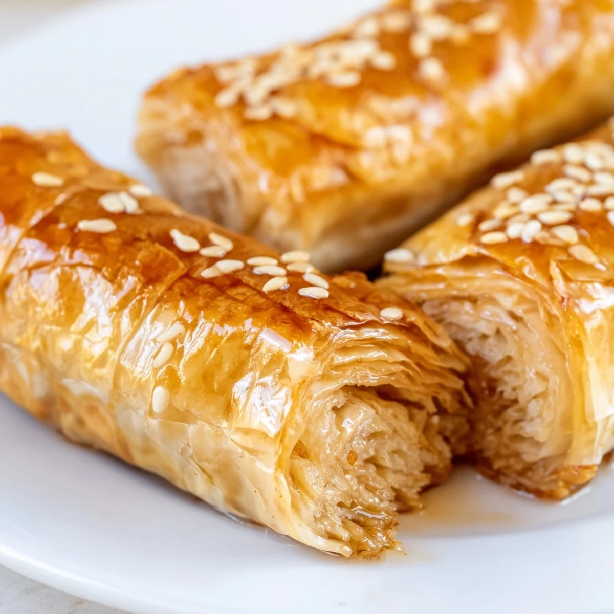 Golden Moroccan honey almond cigars arranged on a serving platter with toasted sesame seed garnish