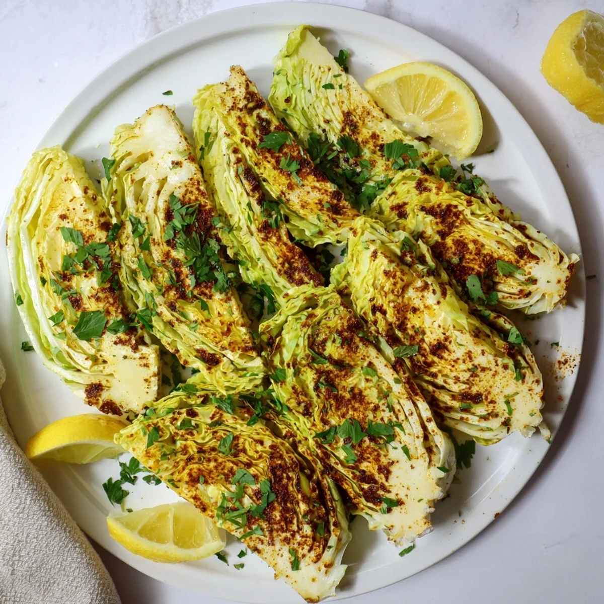 Golden roasted cabbage steaks with caramelized edges and seasoned with garlic and smoked paprika