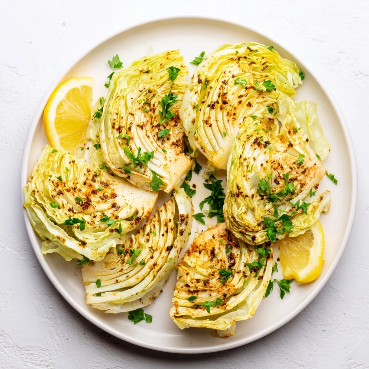 Thick slices of tender roasted cabbage steaks sprinkled with fresh parsley on a white platter