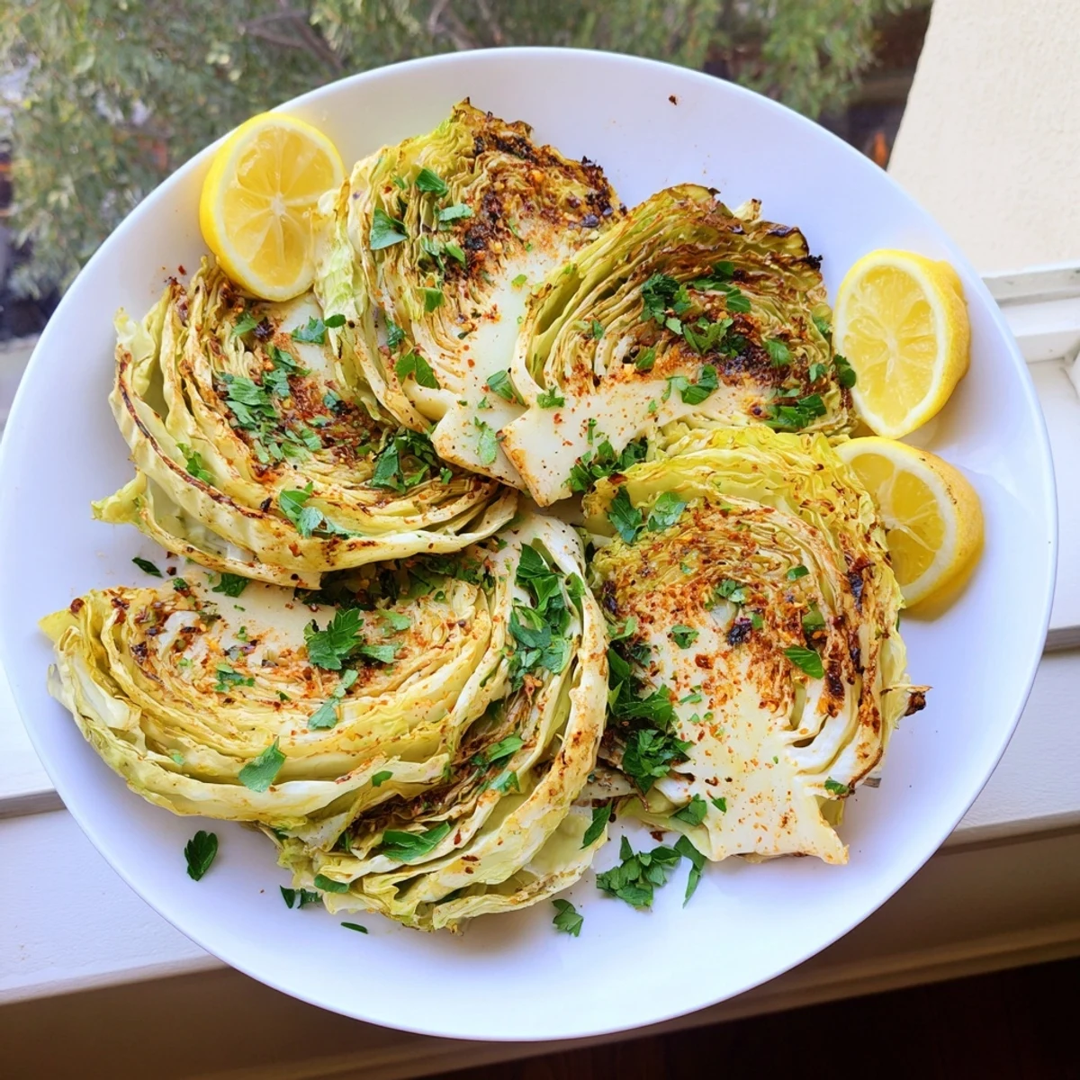 Oven-roasted cabbage steaks arranged on a baking sheet with golden brown crispy edges