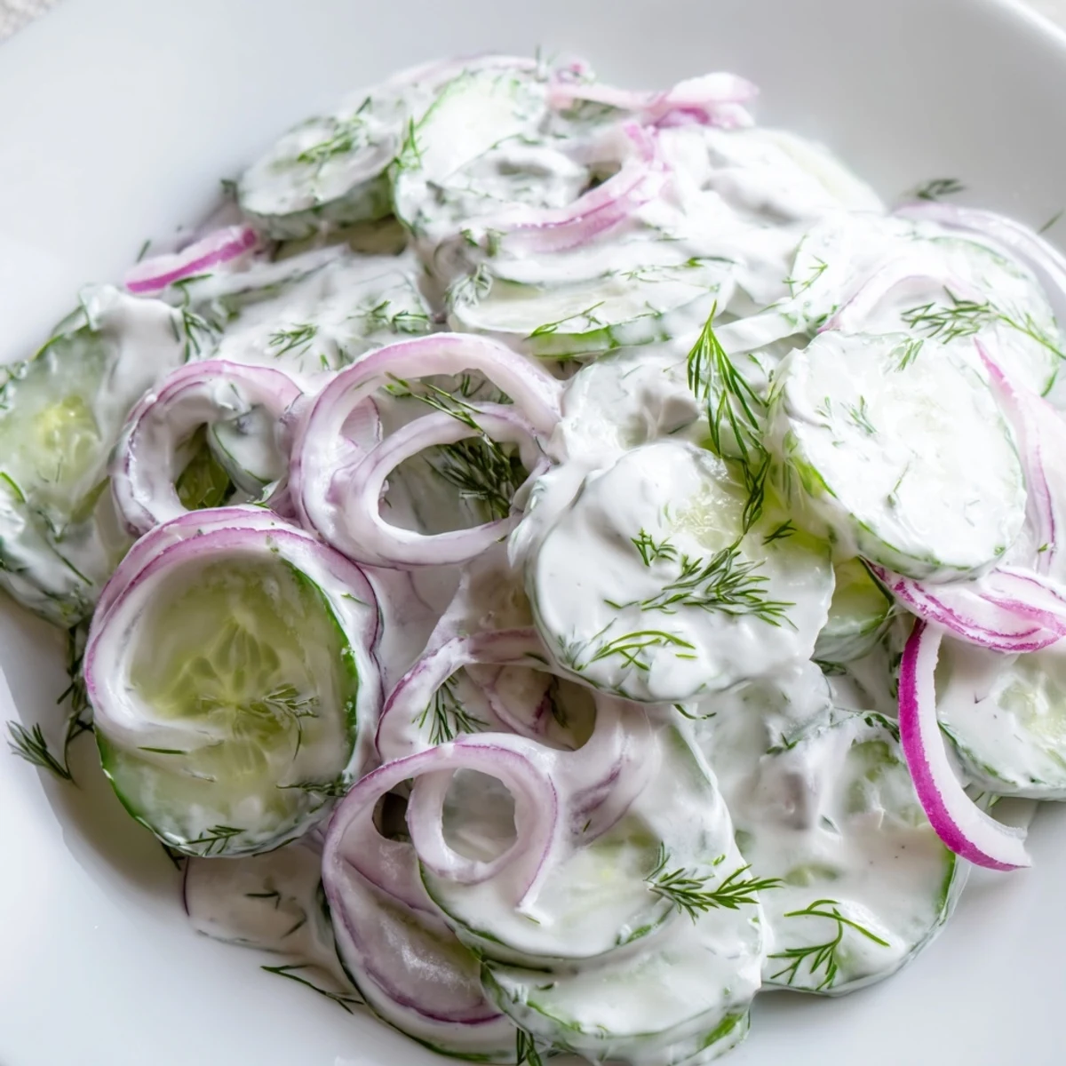 Cold cucumber salad bowl featuring red onions and sour cream dressing ready for summer picnics