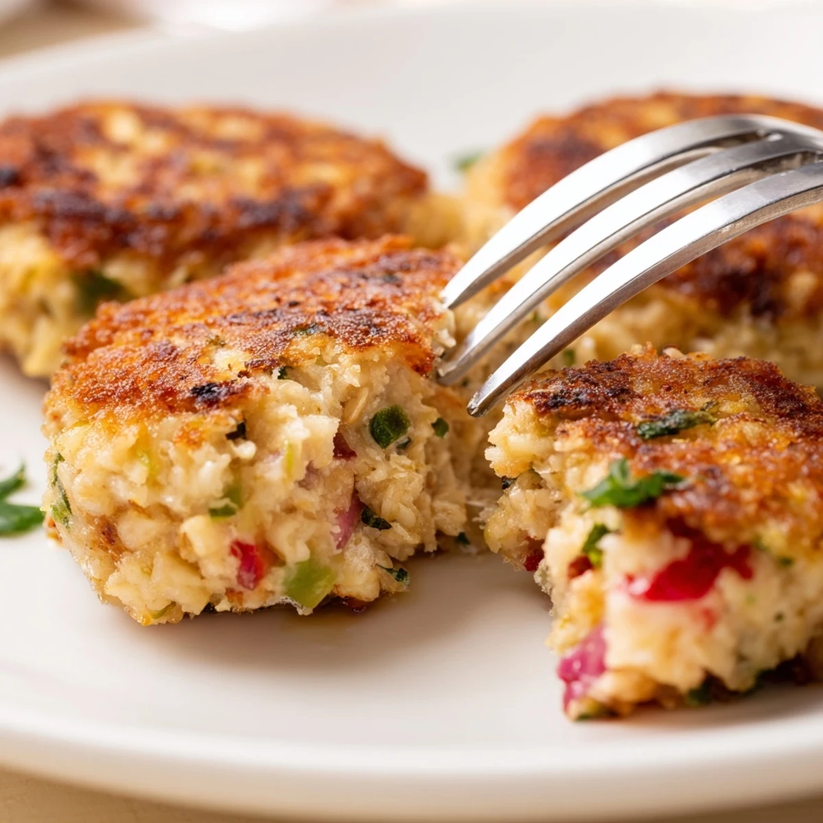 Golden brown crispy tuna cakes pan-fried to perfection with fresh herbs and tender seasoned interior