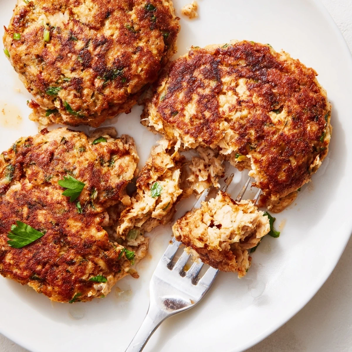 Delicious homemade crispy tuna cakes served on white plate with lemon wedges and fresh parsley garnish