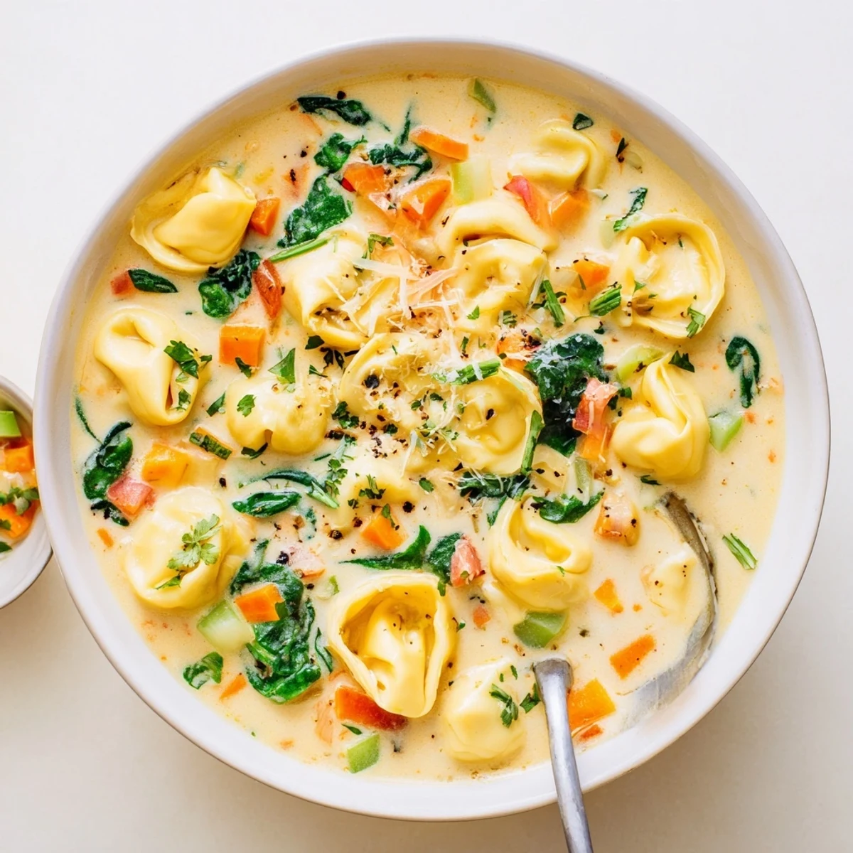Creamy tortellini soup featuring cheese-filled pasta floating in a rich velvety broth with tender vegetables