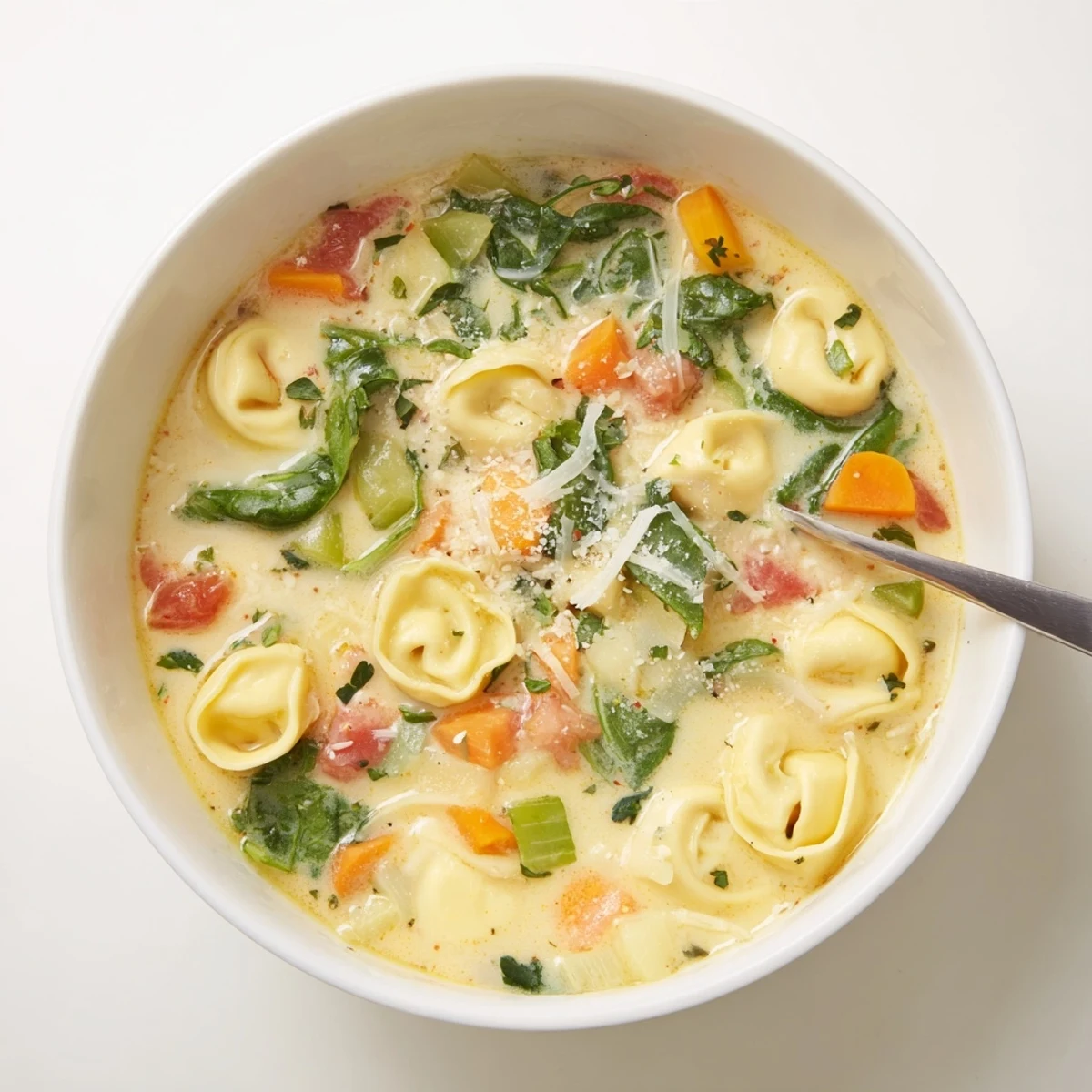 Steaming bowl of comforting tortellini soup topped with fresh parmesan and vibrant wilted spinach leaves