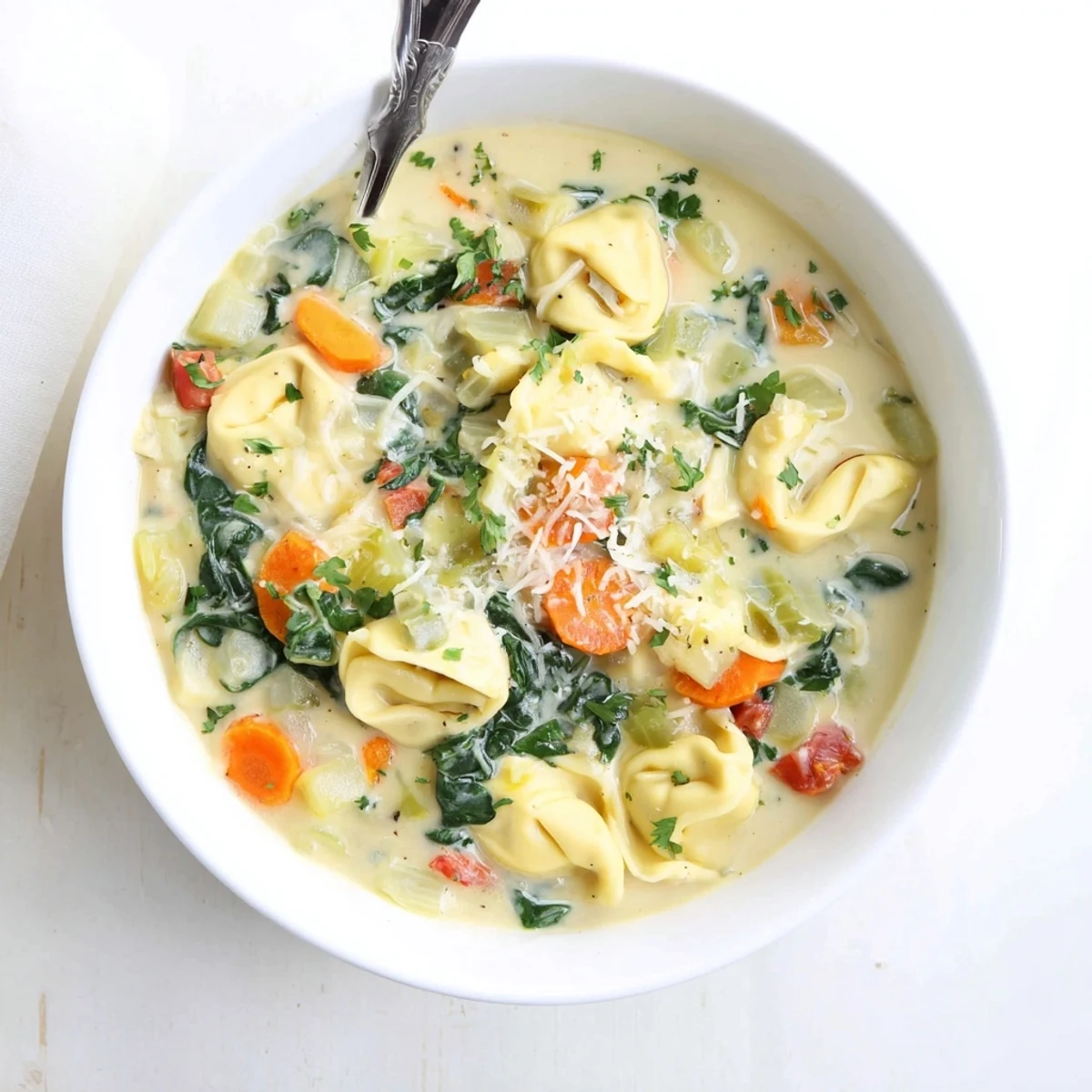 Homemade creamy tortellini soup packed with vegetables in a golden broth garnished with chopped fresh herbs
