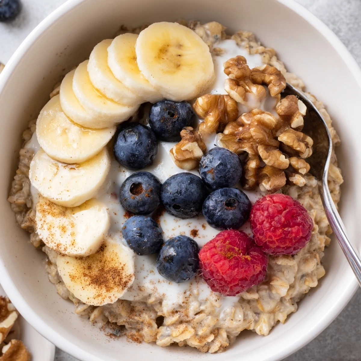 Spoonful of chilled brown sugar overnight oats featuring sweet caramelized notes, fluffy texture, and nutty pecan garnish.